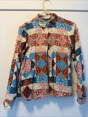 Patchwork Print Button-Down Shirt - Blue Pink Rust
